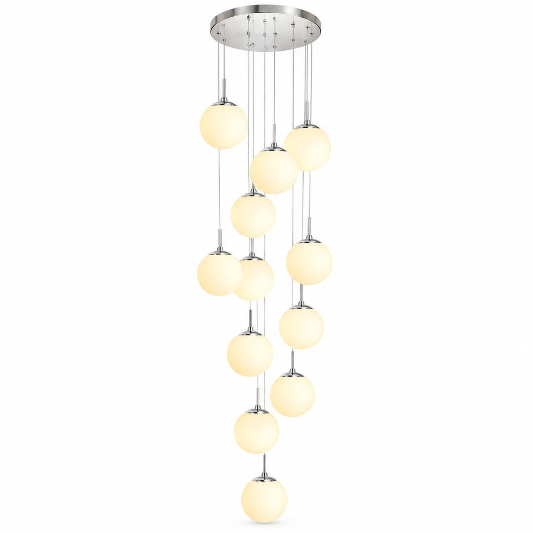 A modern multi-light chandelier with a circular silver chrome ceiling canopy, multiple vertical hanging rods, and numerous frosted glass globe shades of varying sizes, shown against a plain white background.