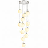 A modern multi-light chandelier with a circular silver chrome ceiling canopy, multiple vertical hanging rods, and numerous frosted glass globe shades of varying sizes, shown against a plain white background.