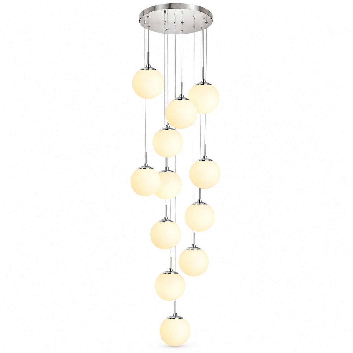 A modern multi-light chandelier with a circular silver chrome ceiling canopy, multiple vertical hanging rods, and numerous frosted glass globe shades of varying sizes, shown against a plain white background.