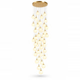 A modern multi-light chandelier with a gold circular ceiling canopy and multiple dangling spherical glass shades in graduated sizes, shown against a plain white background.