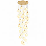 A modern multi-light chandelier with a gold-finished circular ceiling canopy and multiple dangling glass globe shades, shown against a plain white background.