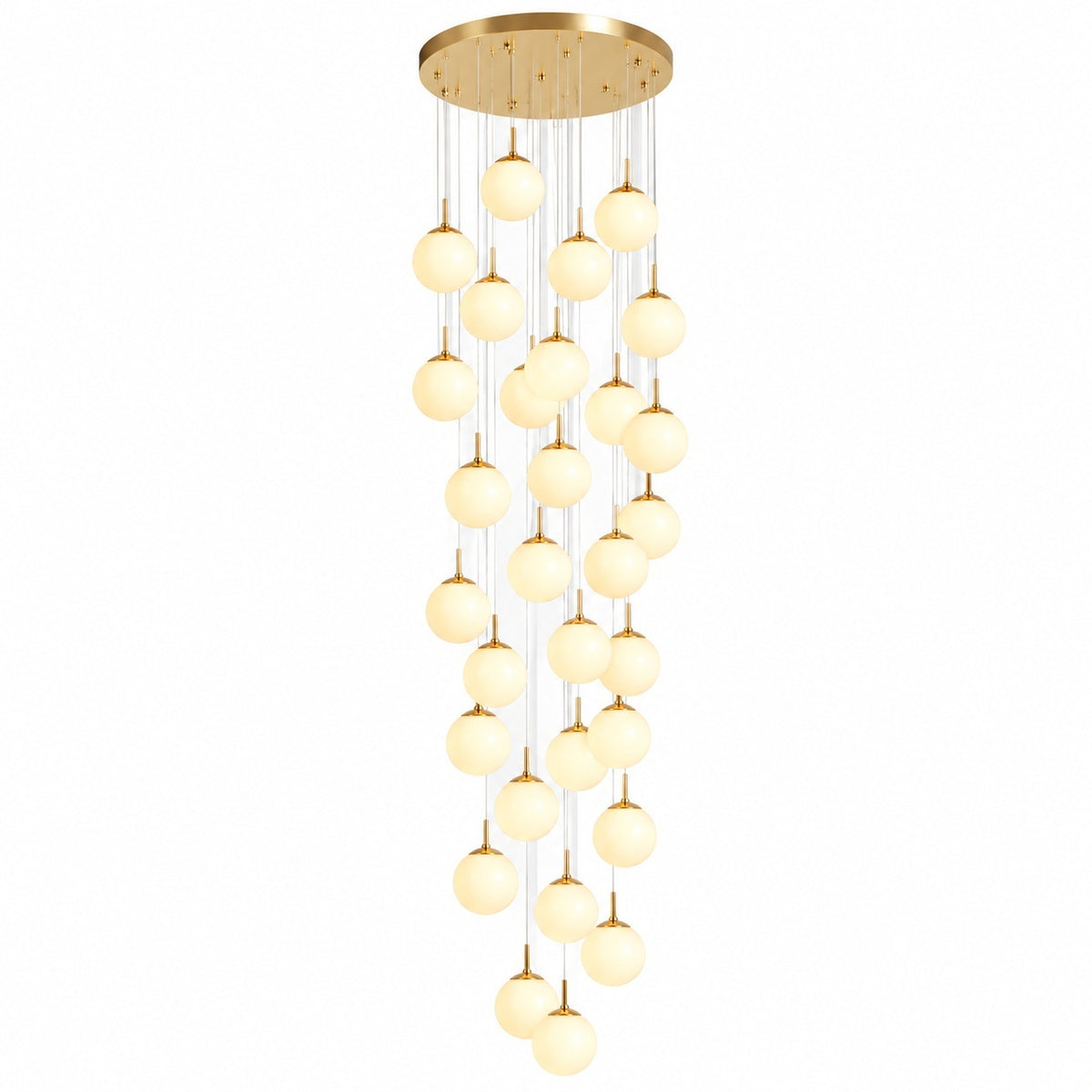 A modern multi-light chandelier with a gold-finished circular ceiling canopy and multiple dangling glass globe shades, shown against a plain white background.