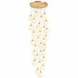A modern multi-light chandelier with a circular gold ceiling canopy and multiple cascading strands of warm white frosted glass globes suspended by thin gold-toned wires, shown against a plain white background.