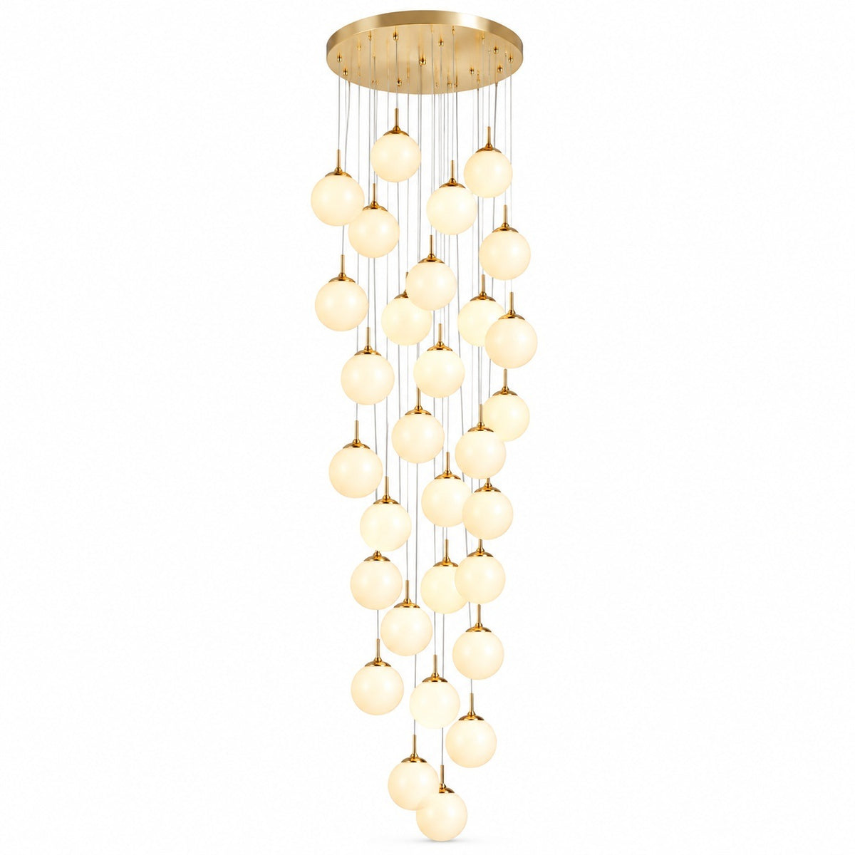 A modern multi-light chandelier with a circular gold ceiling canopy and multiple cascading strands of warm white frosted glass globes suspended by thin gold-toned wires, shown against a plain white background.