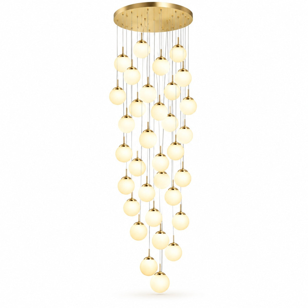 A modern multi-light chandelier with a circular gold ceiling canopy and multiple cascading strands of glowing warm white spherical glass bulbs, shown against a plain white background.