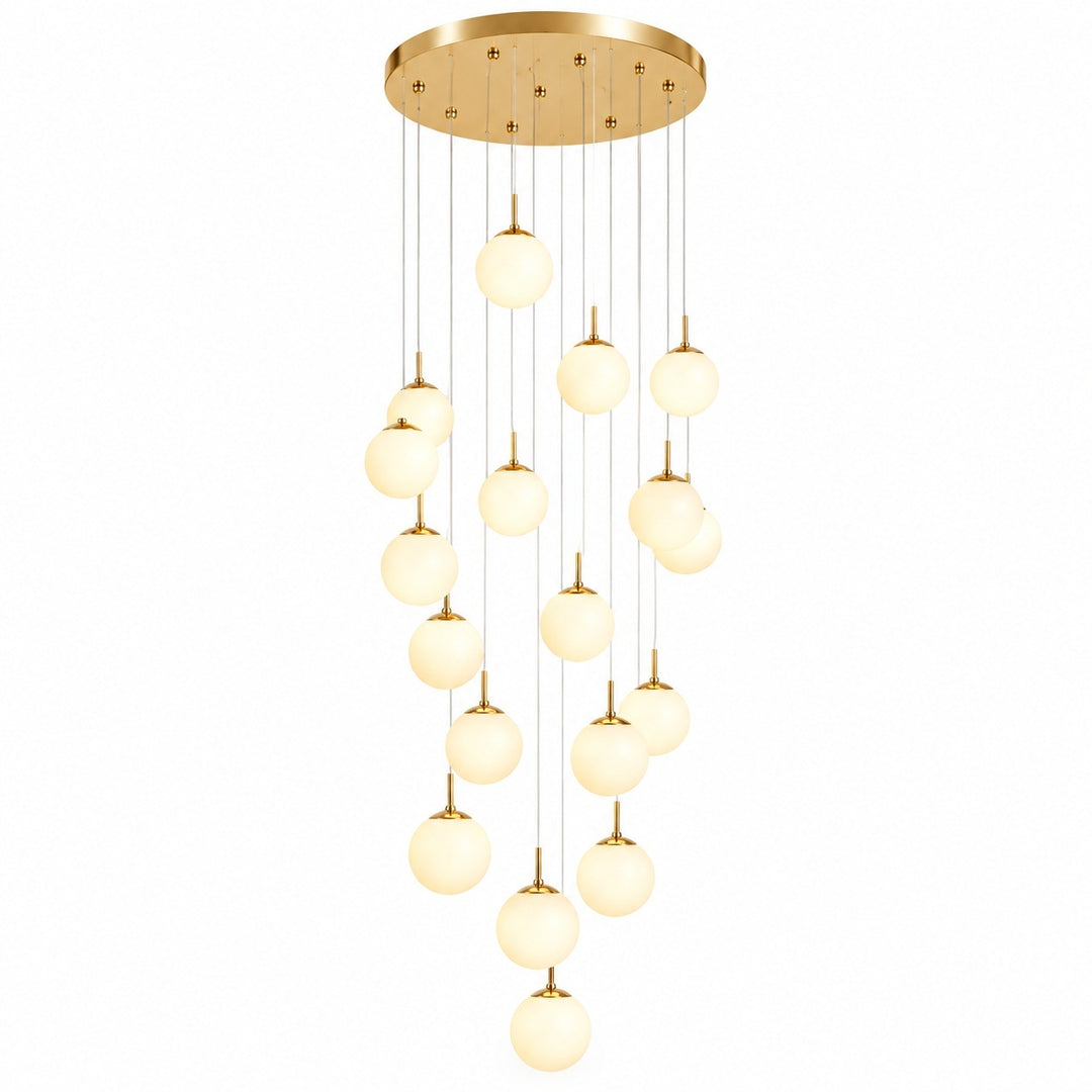 A modern multi-light chandelier with a circular gold ceiling canopy, multiple thin suspension wires, and a series of hanging frosted glass globes, shown against a plain white background.