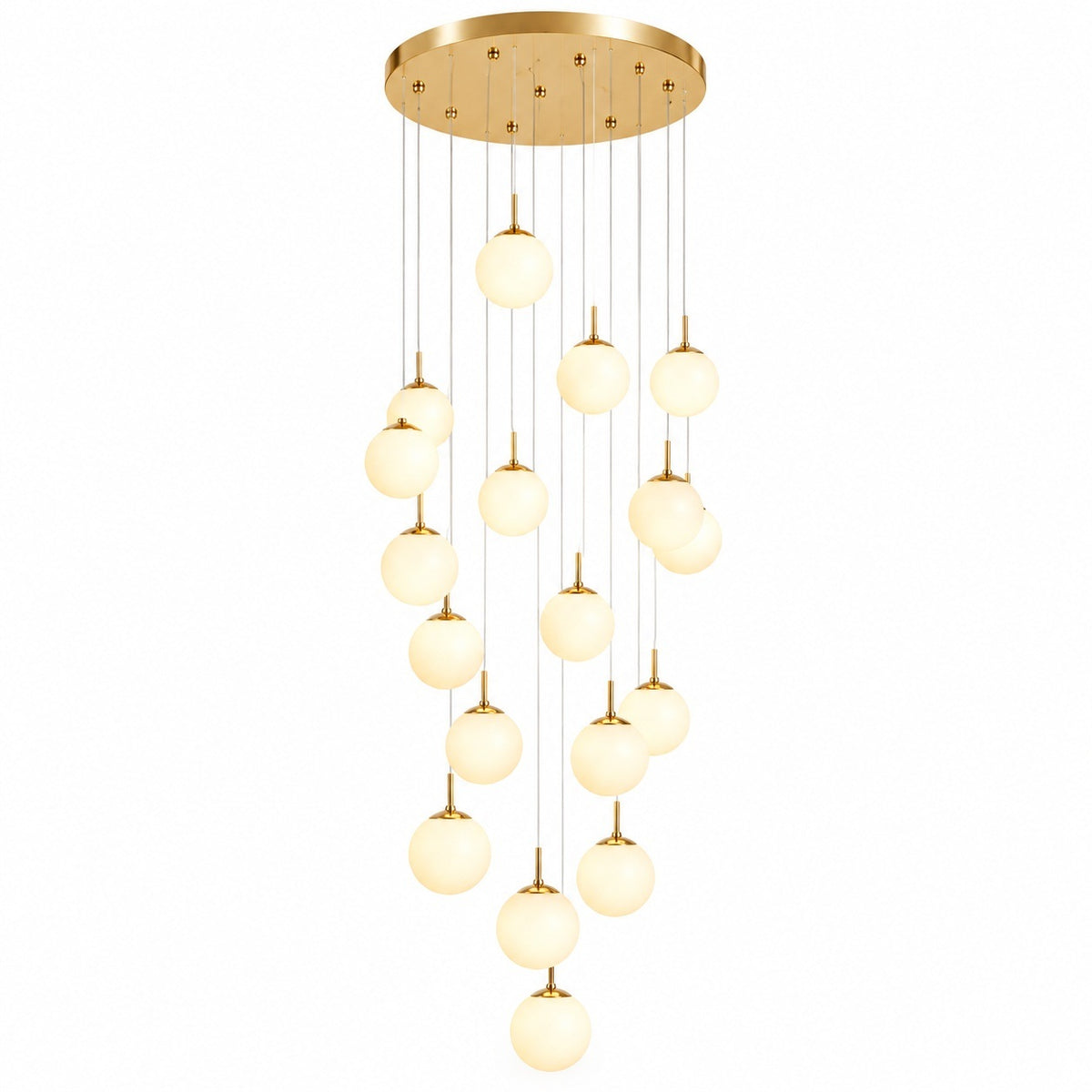 A modern multi-light chandelier with a circular gold ceiling canopy, multiple thin suspension wires, and a series of hanging frosted glass globes, shown against a plain white background.