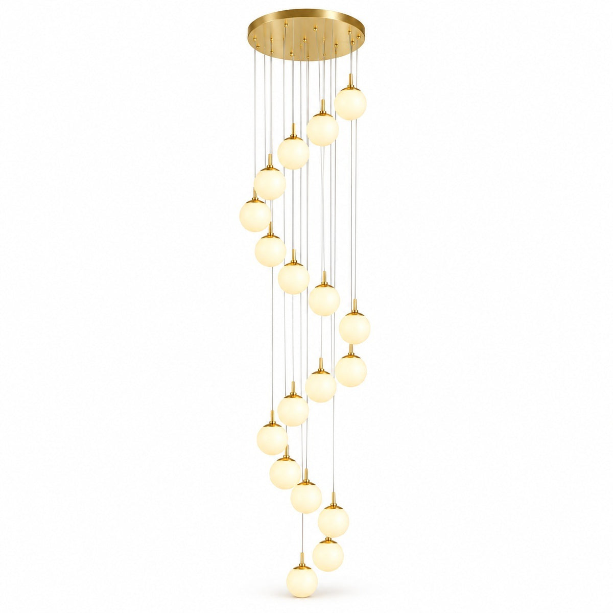 A modern multi-light linear chandelier with a brushed gold circular canopy, slim suspension wires, and multiple warm white frosted glass globe bulbs arranged in a cascading spiral, shown against a plain white background.