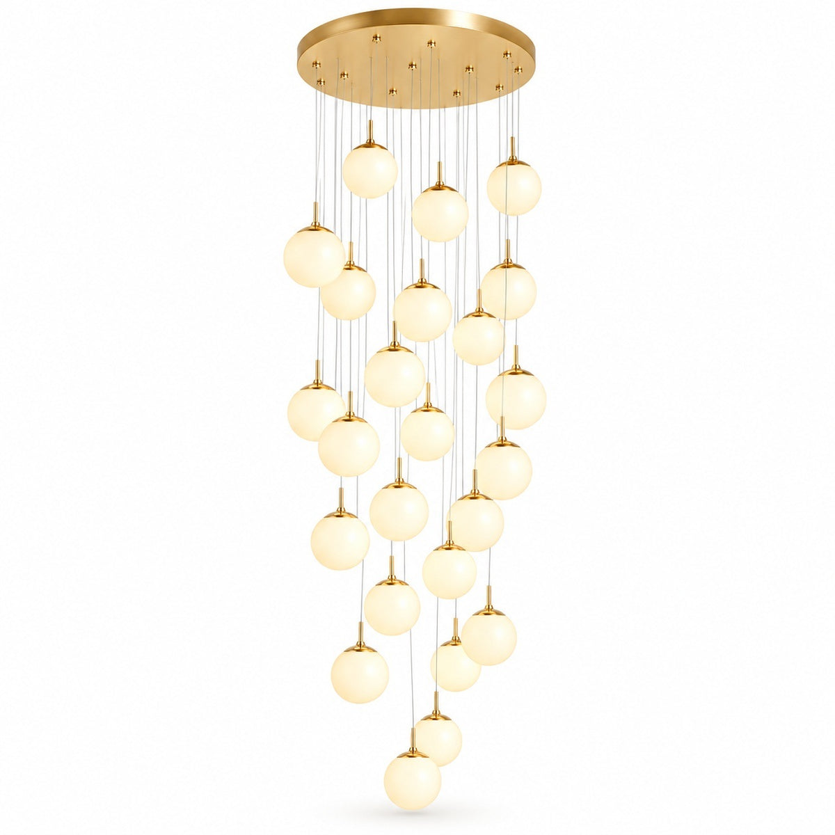 Gold chandelier with a round ceiling canopy and cascading illuminated glass globes suspended at varying heights against a white background.