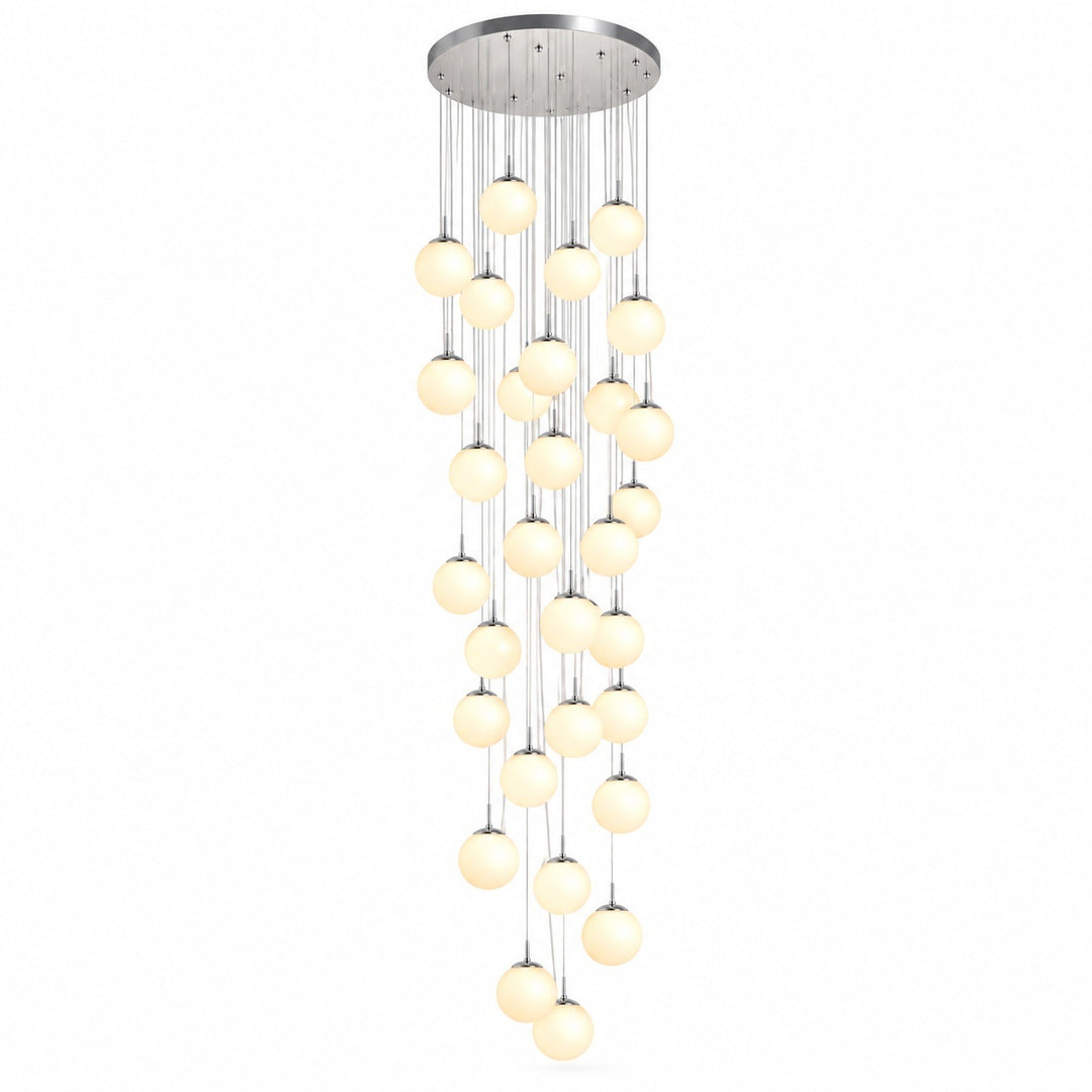 A modern multi-light chandelier with a circular silver ceiling canopy and multiple vertical strands of glowing warm white spherical bulbs, shown against a plain white background.