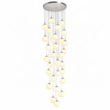 A modern multi-light chandelier with a circular silver ceiling canopy and multiple vertical strands of glowing warm white spherical bulbs, shown against a plain white background.