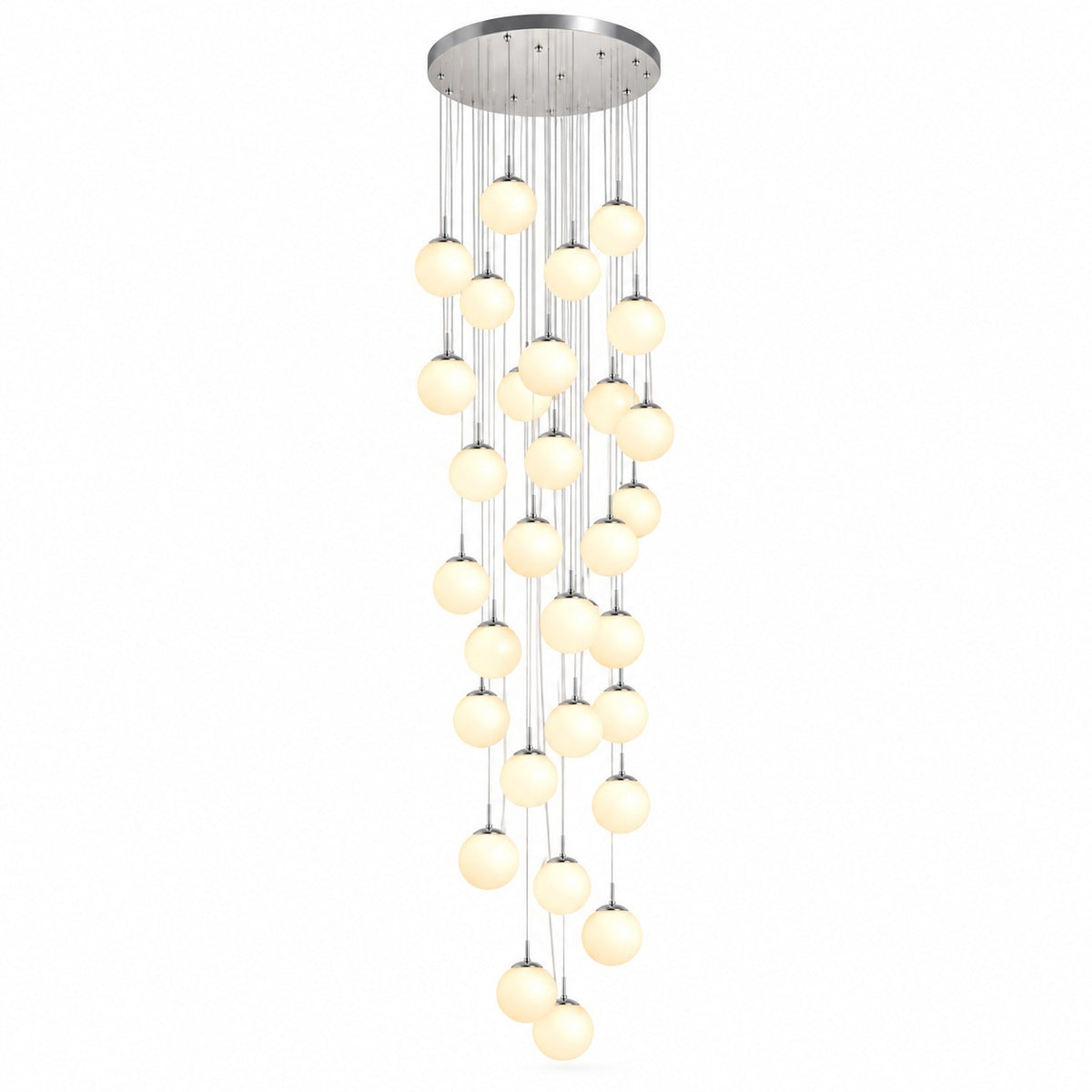 A modern multi-light chandelier with a circular silver ceiling canopy and multiple vertical strands of glowing warm white spherical bulbs, shown against a plain white background.
