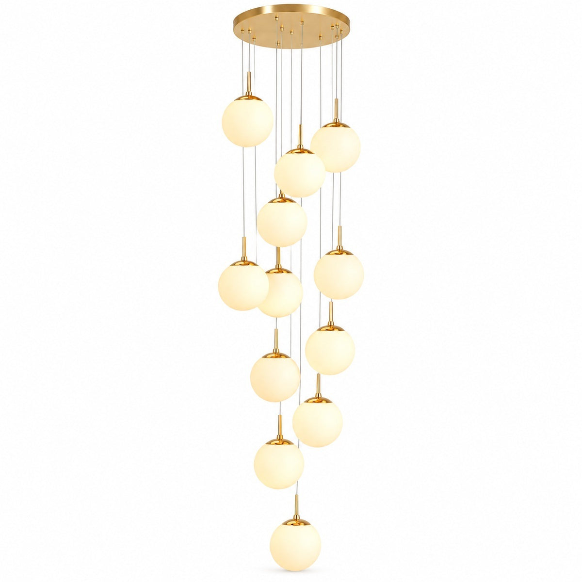 A modern multi-light linear chandelier with a gold-toned circular ceiling canopy, slim suspension rods, and multiple warm white spherical glass shades of varying sizes.