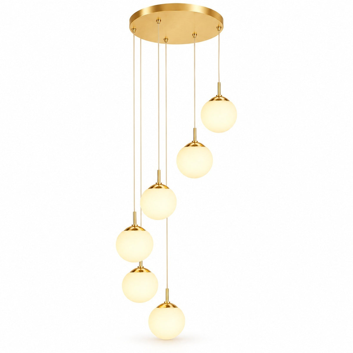 Modern multi-light pendant chandelier with a gold circular ceiling canopy and five cascading spherical glass shades on thin cords, shown against a plain white background.