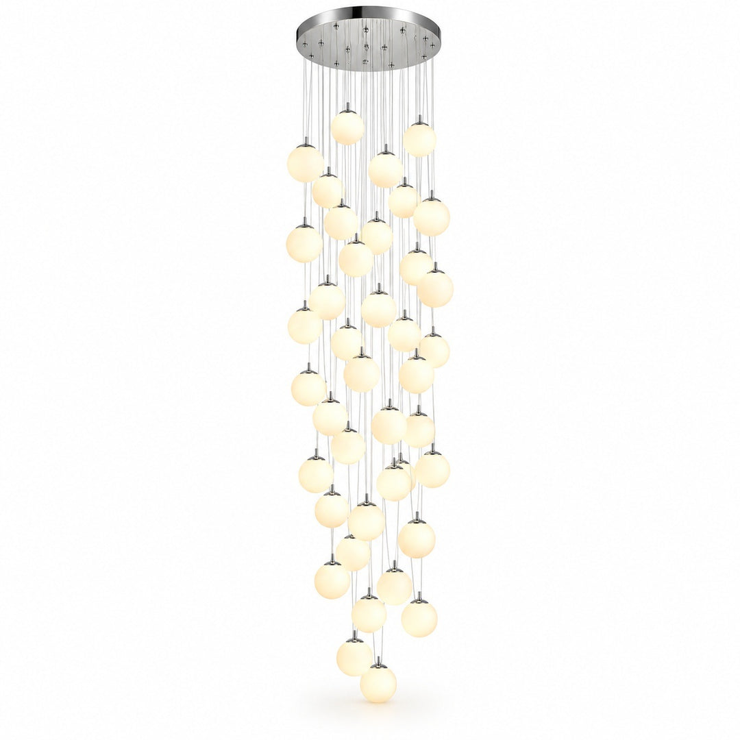 A modern multi-light linear chandelier with a circular silver ceiling canopy and multiple vertical strands of glowing warm white spherical bulbs, shown against a plain white background.