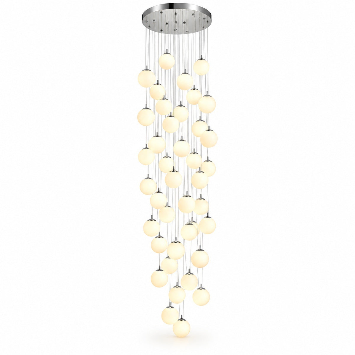 A modern multi-light linear chandelier with a circular silver ceiling canopy and multiple vertical strands of glowing warm white spherical bulbs, shown against a plain white background.