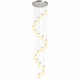 A modern multi-light linear chandelier with a brushed silver circular canopy and multiple thin hanging cords suspending warm white spherical glass shades, shown against a plain white background.