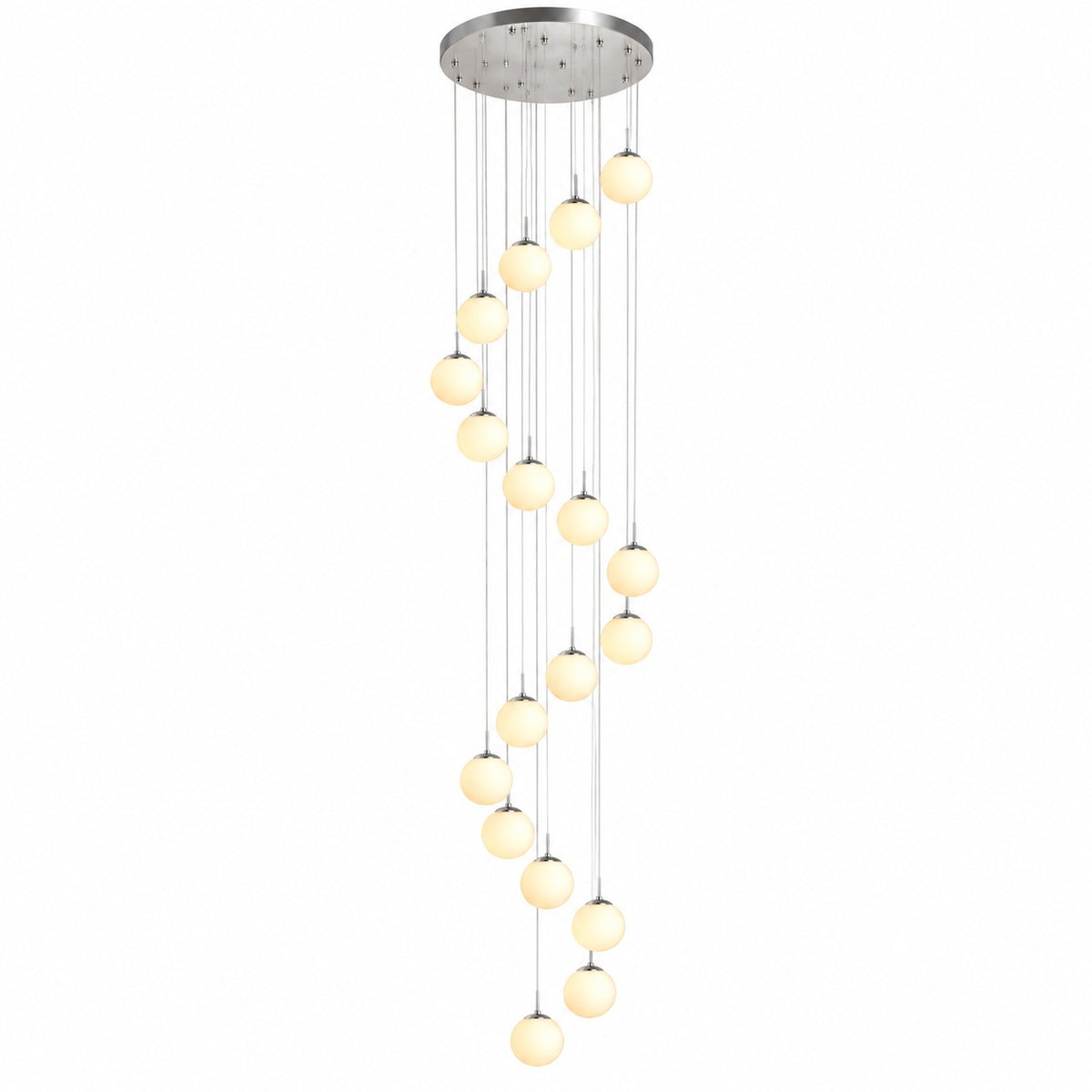 A modern multi-light linear chandelier with a brushed silver circular canopy and multiple thin hanging cords suspending warm white spherical glass shades, shown against a plain white background.