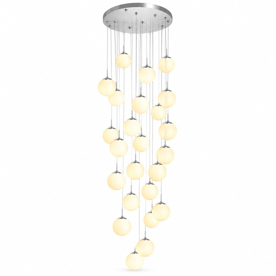 Modern multi-light chandelier with a circular silver ceiling canopy and multiple warm white frosted glass globes hanging at varying lengths against a white background.