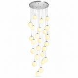 Modern multi-light chandelier with a circular silver ceiling canopy and multiple warm white frosted glass globes hanging at varying lengths against a white background.
