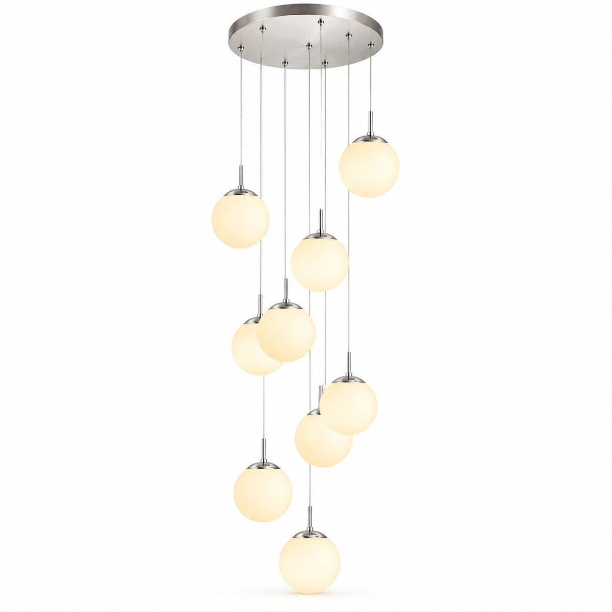 A modern multi-light linear chandelier with nine warm white frosted glass globe shades hanging from a brushed nickel circular canopy against a white background.