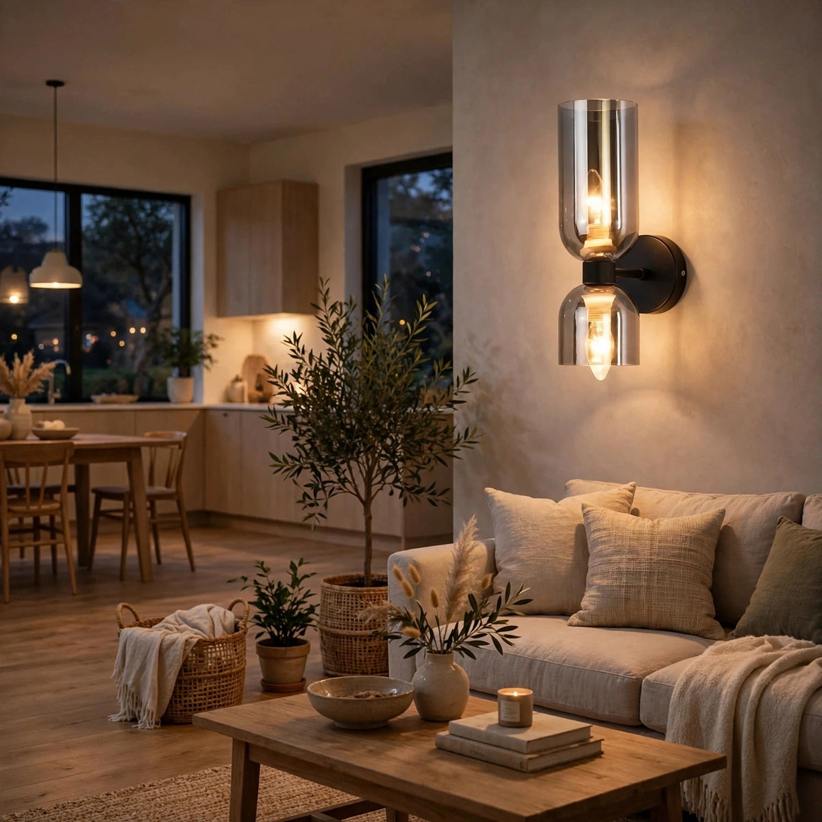 A modern wall-mounted sconce with two clear glass shades and warm glowing bulbs, mounted on a beige plaster wall in a cozy, warmly lit living room with a sofa, coffee table, and plants.
