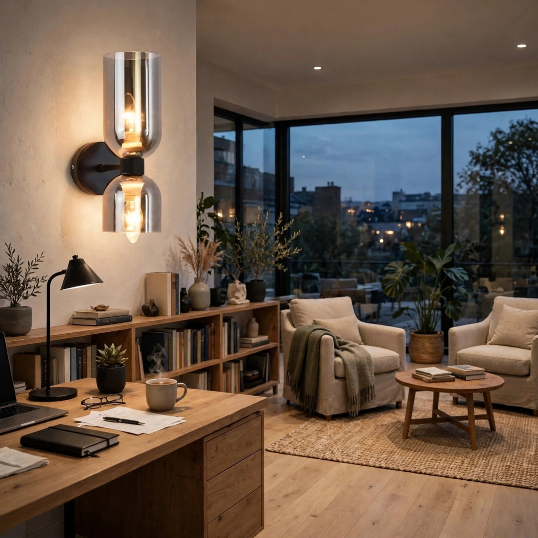 A modern wall-mounted sconce with two vertical brushed-metal shades and glowing warm bulbs, installed on a beige wall in a styled living room with armchairs, a desk, plants, and large windows at dusk.