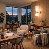 A cozy modern living room corner with two upholstered armchairs, a wooden desk, bookshelves, plants, and a glowing wall sconce. Large windows reveal a city skyline at dusk.