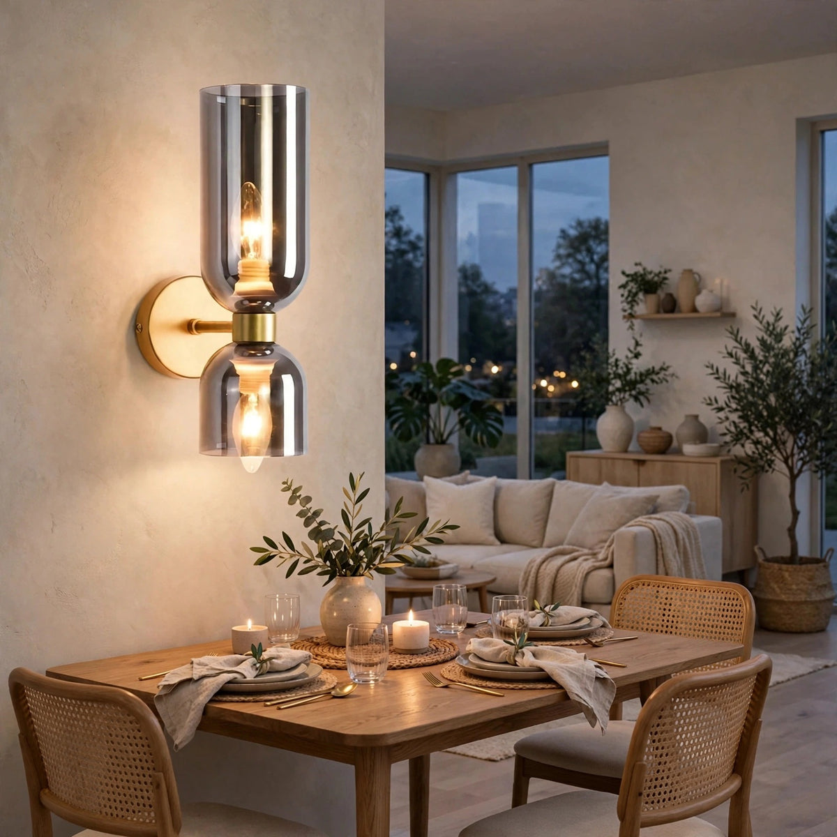A modern wall-mounted sconce with two vertical brushed-metal shades and glowing exposed bulbs, installed on a warm beige wall in a styled dining and living room setting.