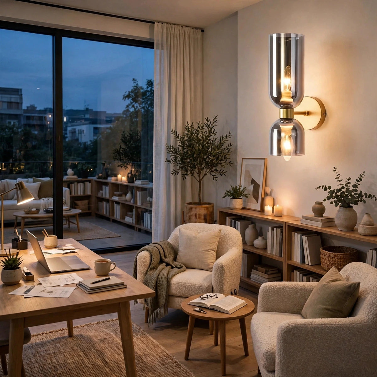 A modern wall-mounted sconce with two stacked cylindrical glass shades and glowing warm bulbs, mounted on a beige wall in a cozy, warmly lit living room with armchairs, a wooden desk, and plants.