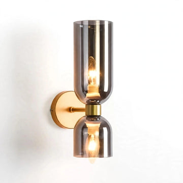 A modern wall-mounted sconce light fixture with two smoked glass shades and a brushed brass backplate and central collar, shown against a plain white wall.