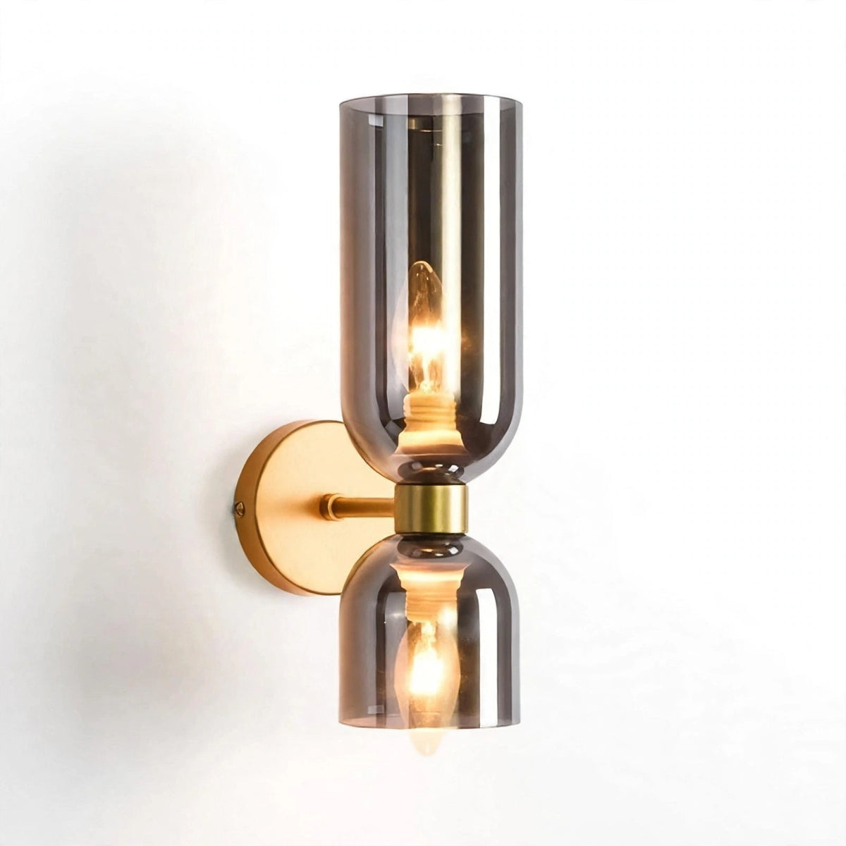 A modern wall-mounted sconce light fixture with two smoked glass shades and a brushed brass backplate and central collar, shown against a plain white wall.