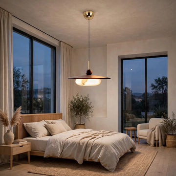 A modern bedroom with a minimalist light wood bed, beige bedding, and a sleek brass and wood pendant light hanging from the ceiling. The room features large windows with black frames, beige curtains, and a neutral color palette.