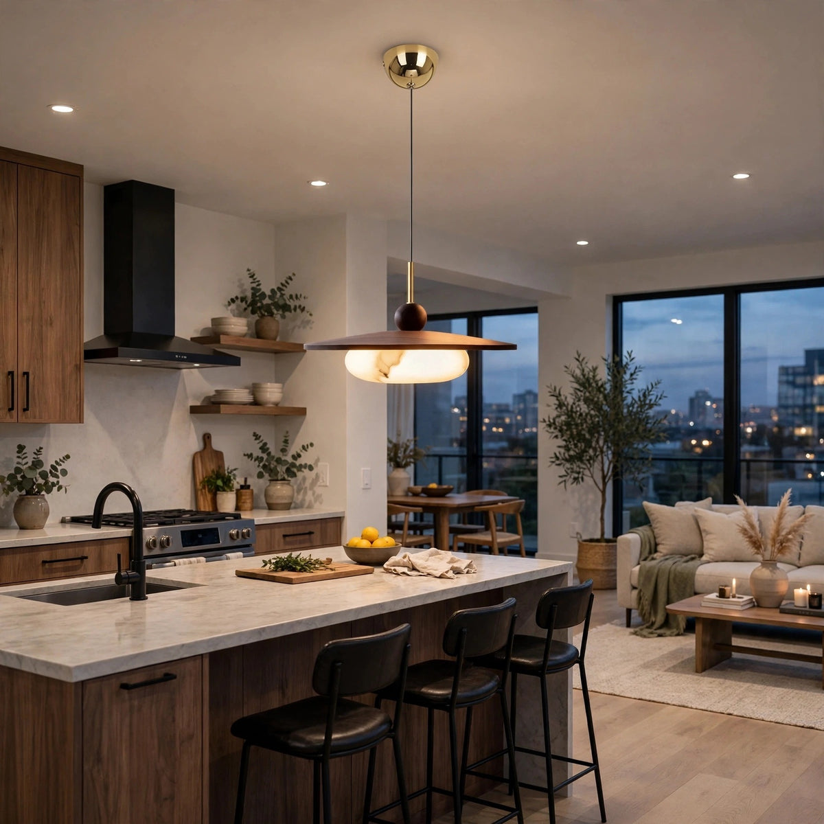 A modern kitchen island with a white marble countertop and dark wood cabinetry, featuring black bar stools under a brass and black pendant light. The background shows a bright, contemporary living room with large windows overlooking a city skyline at dusk.