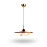 A modern pendant light fixture with a brushed gold ceiling canopy and cord, a dark brown wooden shade, and a glowing warm white globe bulb, shown against a plain white background.