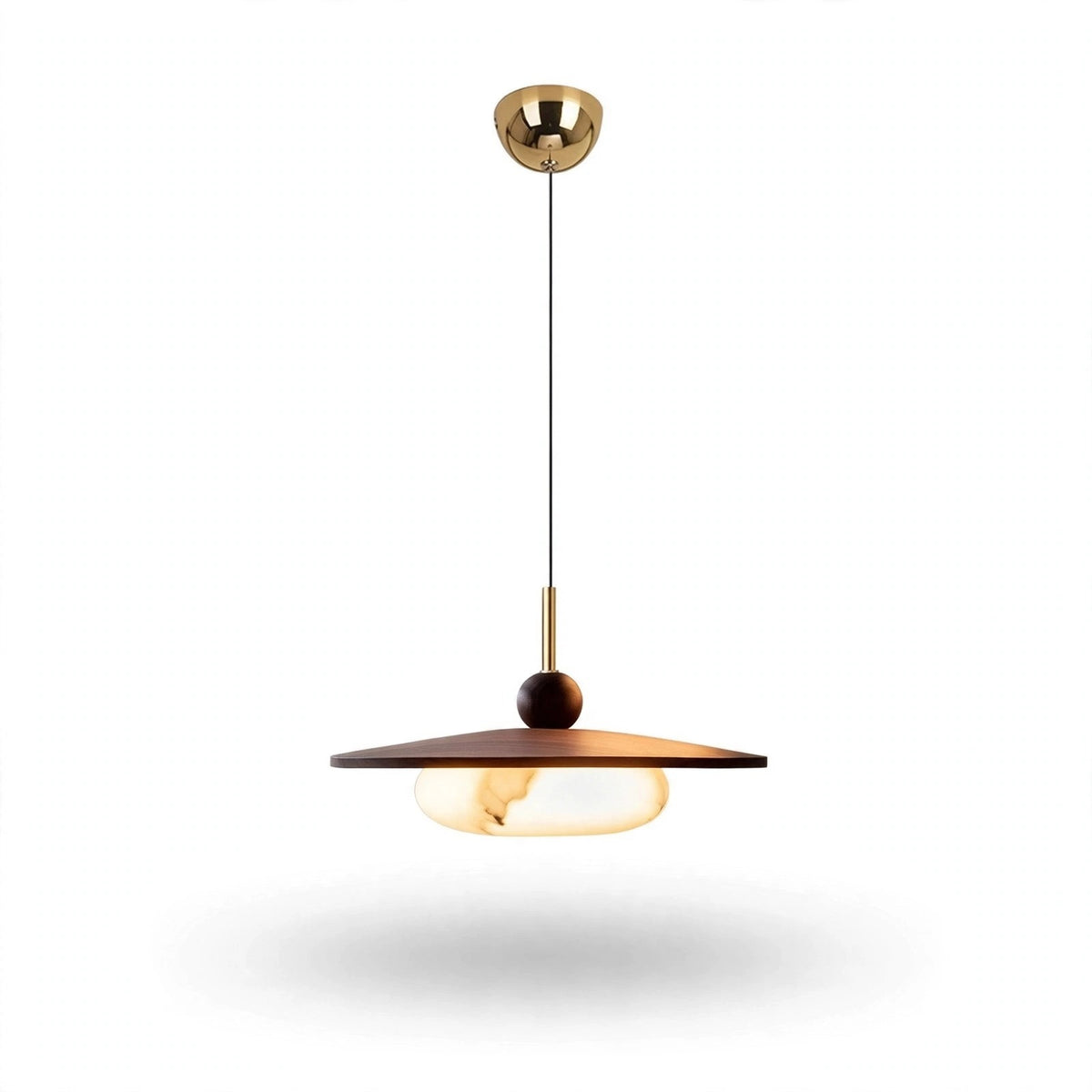 A modern pendant light fixture with a brushed gold ceiling canopy and cord, a dark brown wooden shade, and a glowing warm white globe bulb, shown against a plain white background.