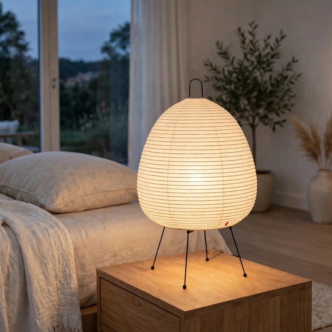 A warm, glowing table lamp with a ribbed, egg-shaped white paper shade and thin black metal legs, sitting on a wooden bedside table in a cozy bedroom setting.