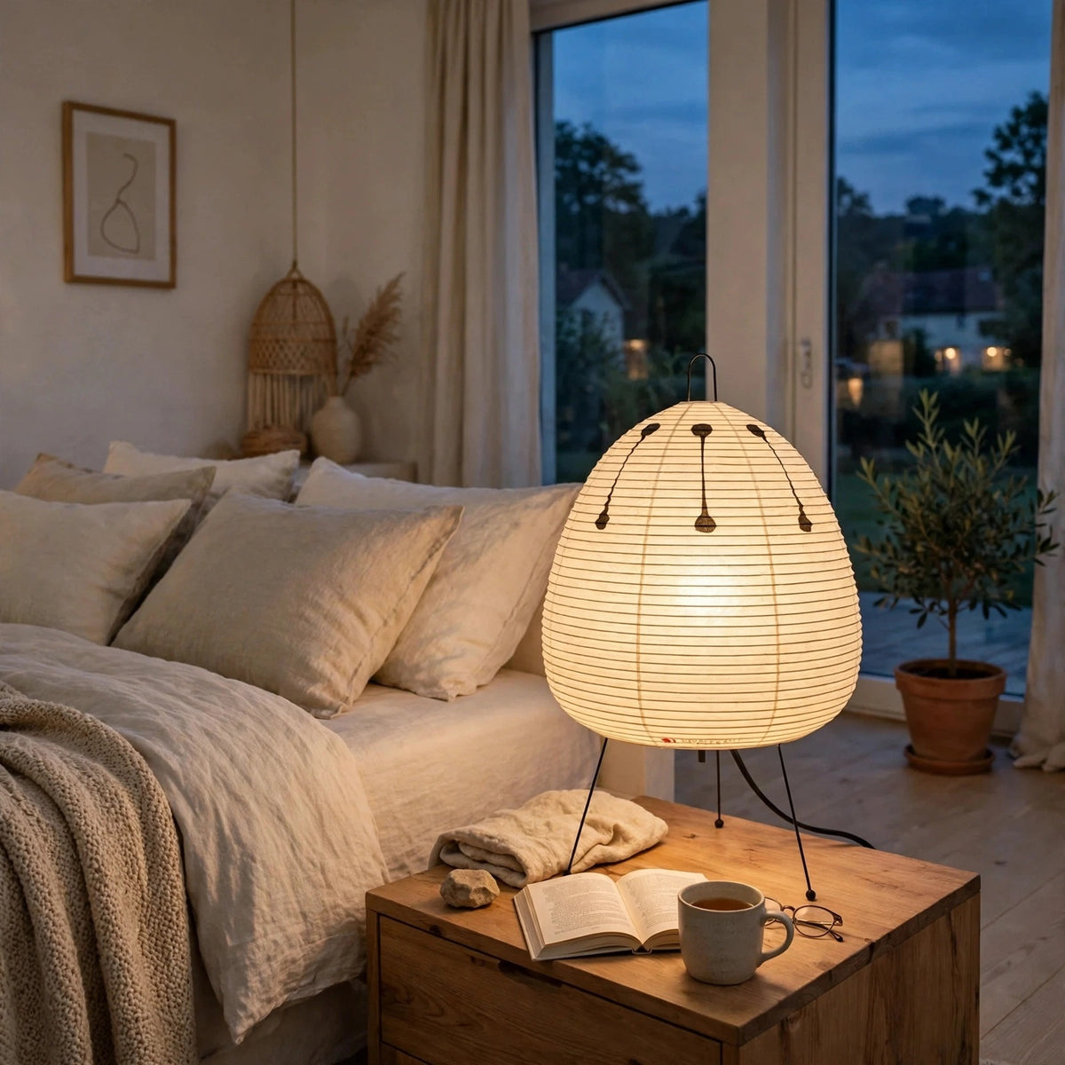 A warm, glowing paper lantern table lamp sits on a wooden nightstand in a cozy, softly lit bedroom. The scene includes a bed with beige linens, an open book, a mug, and a potted plant by the window looking out onto a twilight garden.
