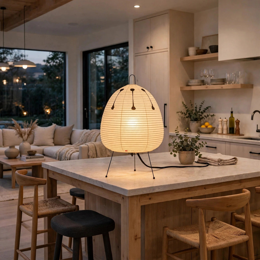 A glowing table lamp with a ribbed, egg-shaped white shade and black metal legs sits on a light wood kitchen island in a modern, warm-toned dining and living room setting.