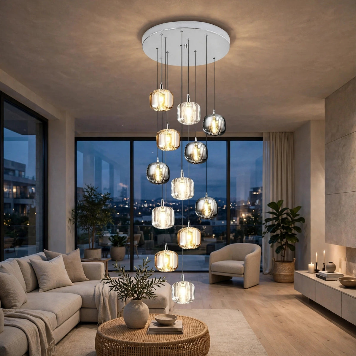 A modern multi-light pendant chandelier with multiple clear glass cylindrical shades of varying sizes, suspended from a white circular ceiling canopy in a contemporary living room.