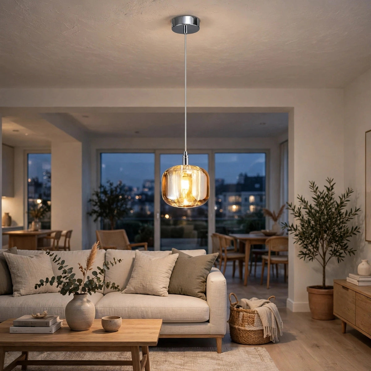 A single-light amber crystal chandelier glows in a living room with a beige sofa, wooden coffee table, and potted tree.