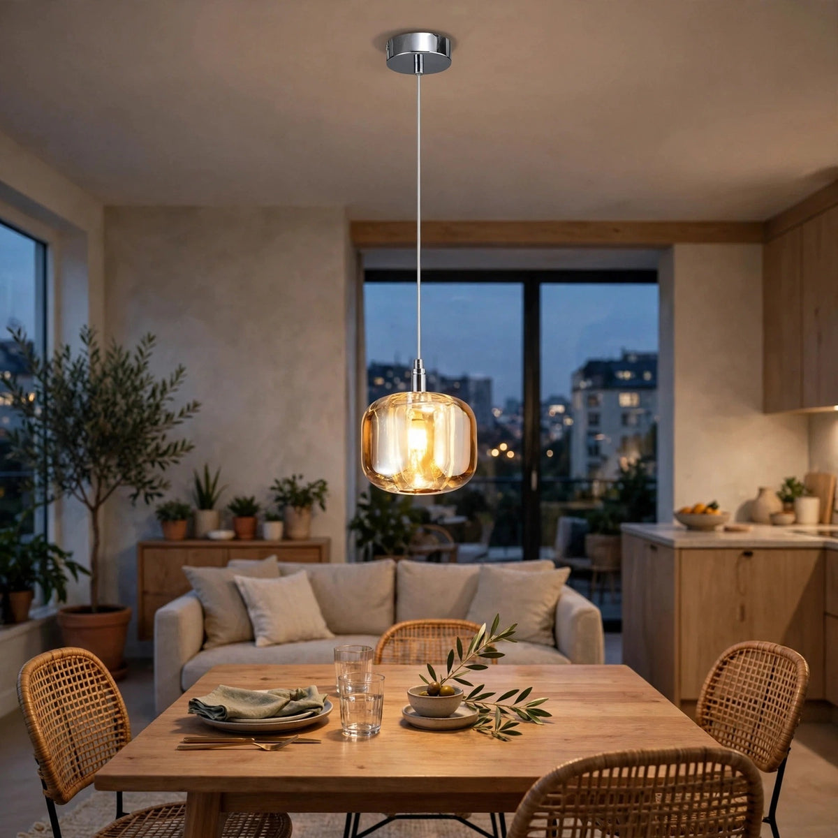 An amber crystal chandelier with a silver ceiling canopy hangs above a wooden dining table surrounded by woven chairs.