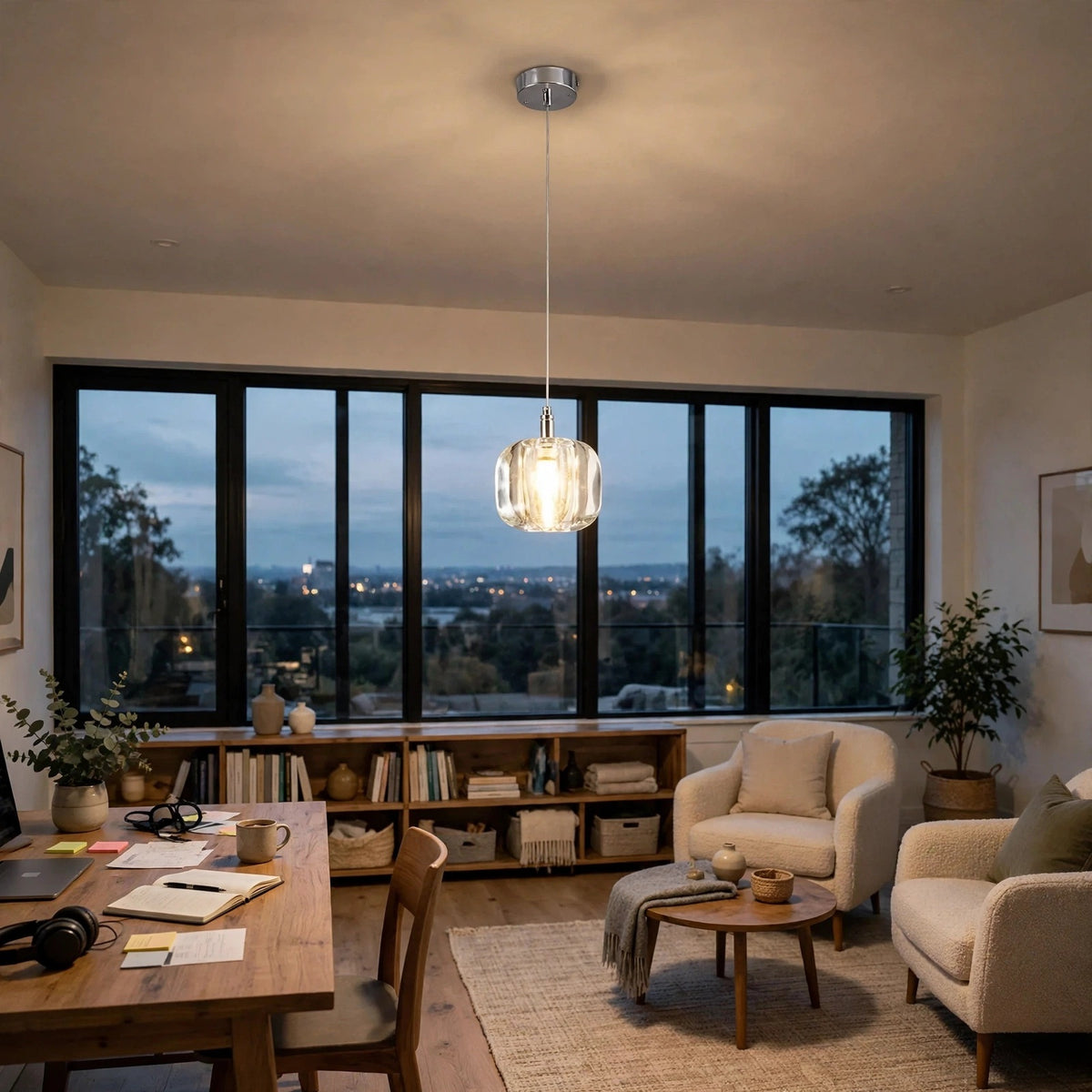 A single-light clear crystal chandelier glows in a home office seating area with cream armchairs, a wooden desk, and wide windows.
