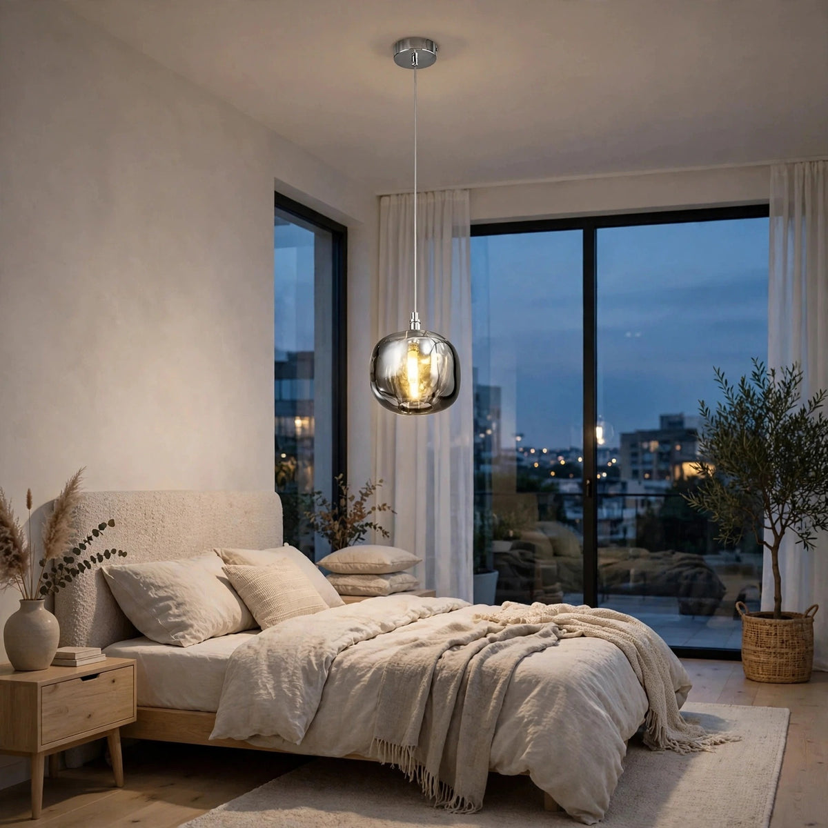 A single-light smoky gray crystal chandelier glows above a neutral bed beside sheer curtains and large windows showing evening city lights.