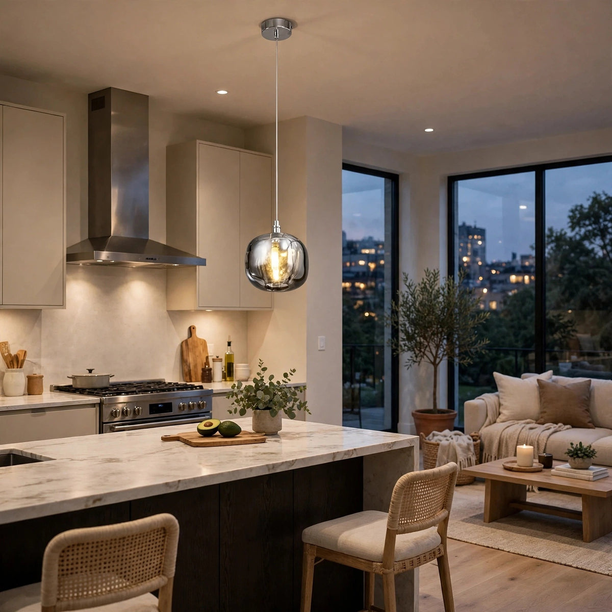 A single-light smoky gray crystal chandelier glows above a marble kitchen island beside an open living area at dusk.