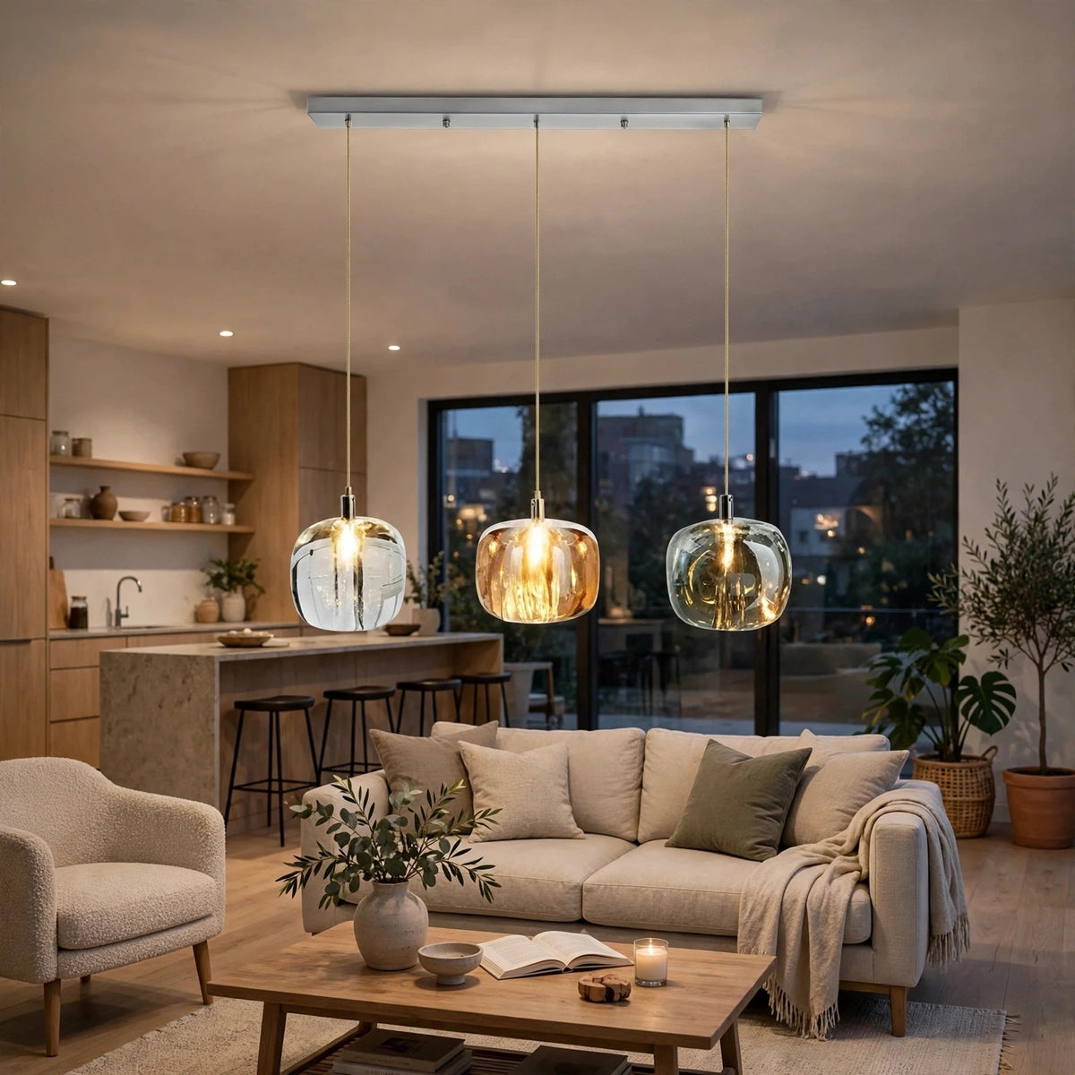 Linear chandelier with three clear, amber, and smoky crystal shades hangs above a living room coffee table in front of a beige sofa.