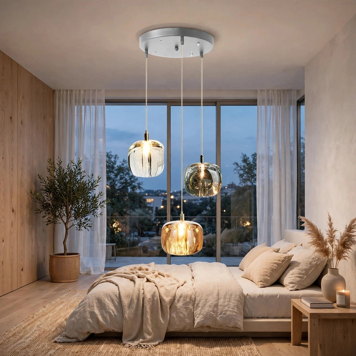 A modern bedroom interior with a three-light pendant chandelier hanging above a bed. The chandelier has a circular silver ceiling mount and three hanging glass shades, two with a warm gold/bronze tint and one clear glass shade.