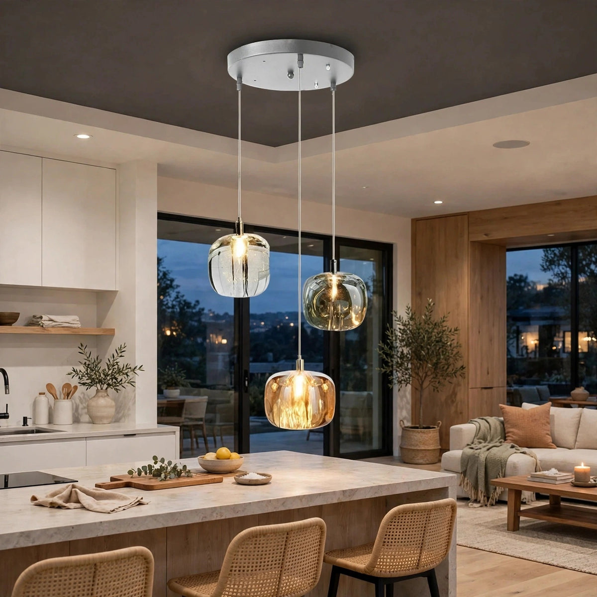 Three-light chandelier with clear, smoky, and amber crystal shades hangs above a pale kitchen island beside an open living area.
