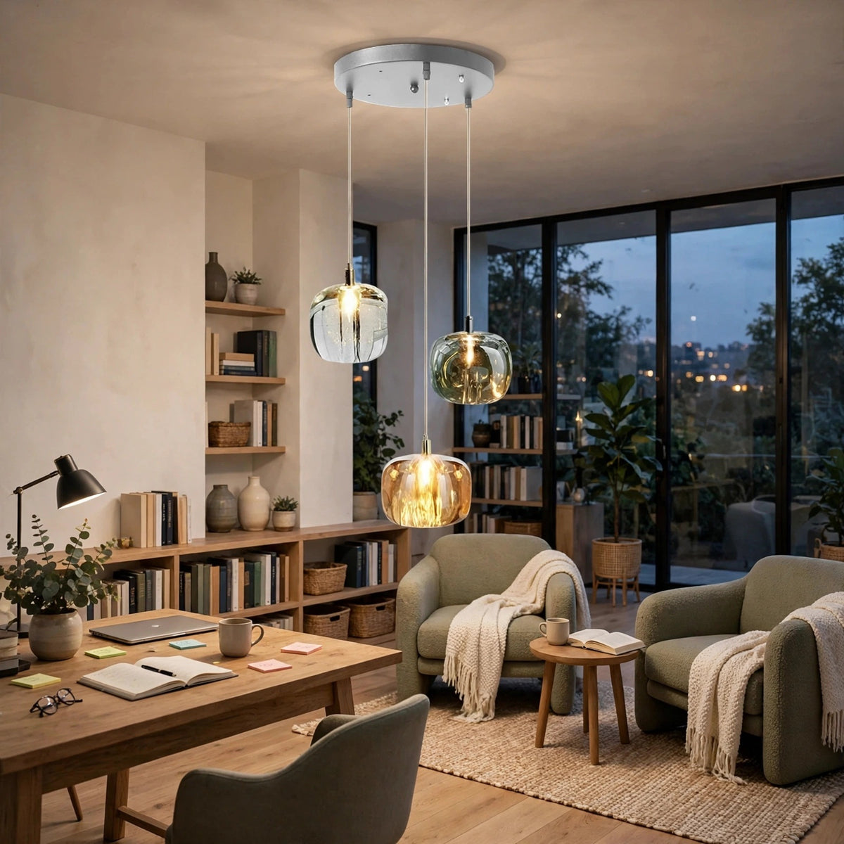 Three-light chandelier with clear, smoky, and amber crystal shades hangs in a home office with a wooden desk, bookshelves, and armchairs.