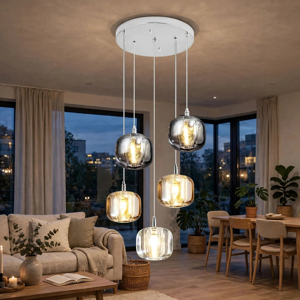 A five-light chandelier with a round silver ceiling plate suspends smoky, amber, and clear crystal shades in an open-plan living room.